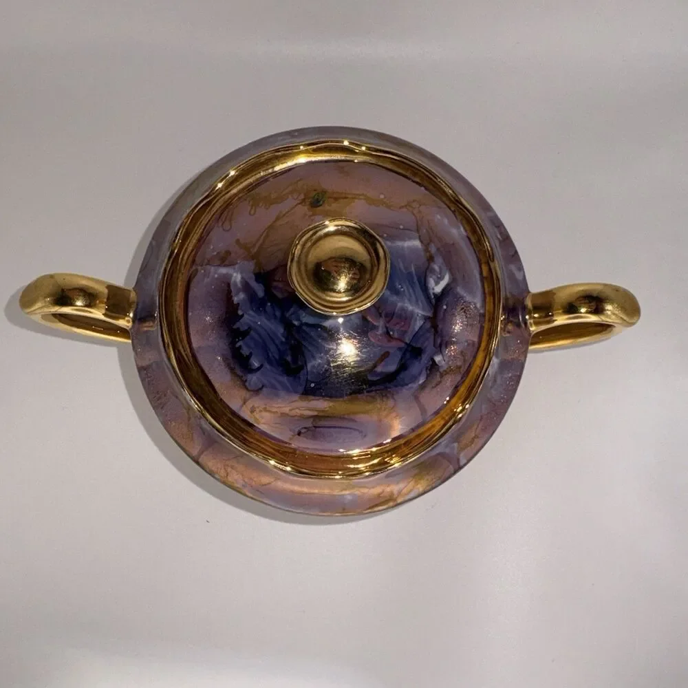 Vintage Cmielow Poland Tea Set Teapot Creamer Sugar Bowl 2 Saucers Purple Gold